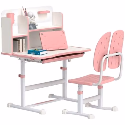 AIYAPLAY Height Adjustable Kids Desk and Chair Set with Tilting Desktop and Drawer, Pink