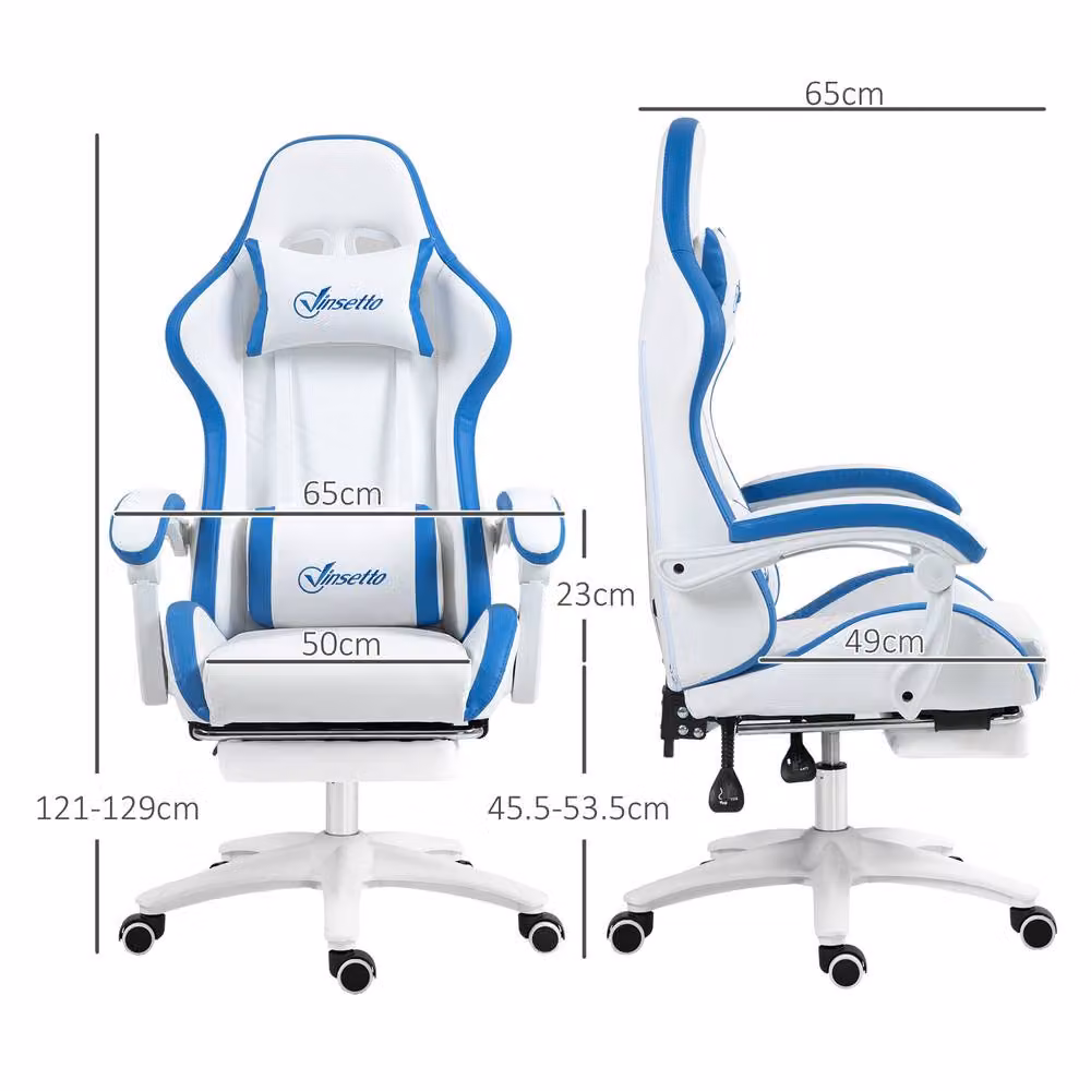 ERGOVEXA Blue and White Synthetic Leather Gaming Chair with Headrest and Swivel Castors – 2