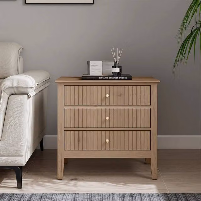 Melody Maison Large 3 Drawer Bedside Table in Light Brown