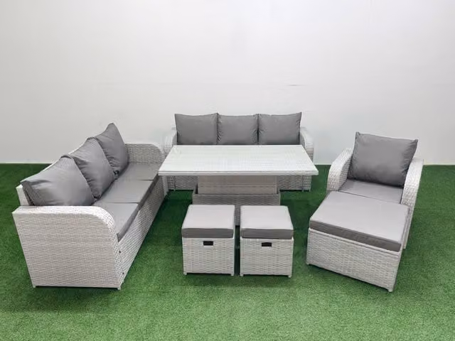 Fimous 10 Seater Poly Rattan Garden Furniture Set in Grey with Adjustable Lifting Dining or Coffee Table, 3 Seater Sofa and 3 Reclining Chairs