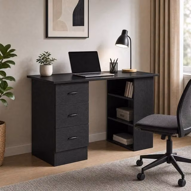 STILVORA Modern Black Computer Desk with 3 Drawers and 3 Shelves