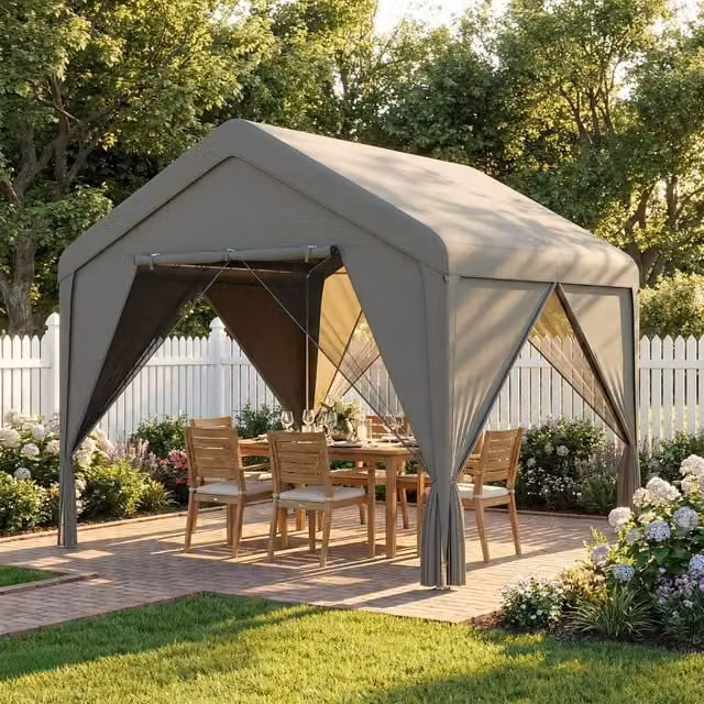 OUTSUNNY Dark Grey Outdoor Patio Gazebo with Netting and Curtains, W: 300 cm, D: 300 cm, H: 278 cm