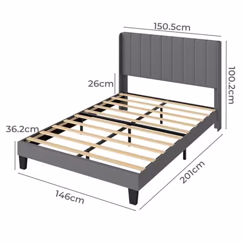 Levede King Bed Frame, Upholstered Platform Bed with Channel Tufted Wingback Headboard in Grey, W/D/H: 180 x 200 x 104 cm – 2
