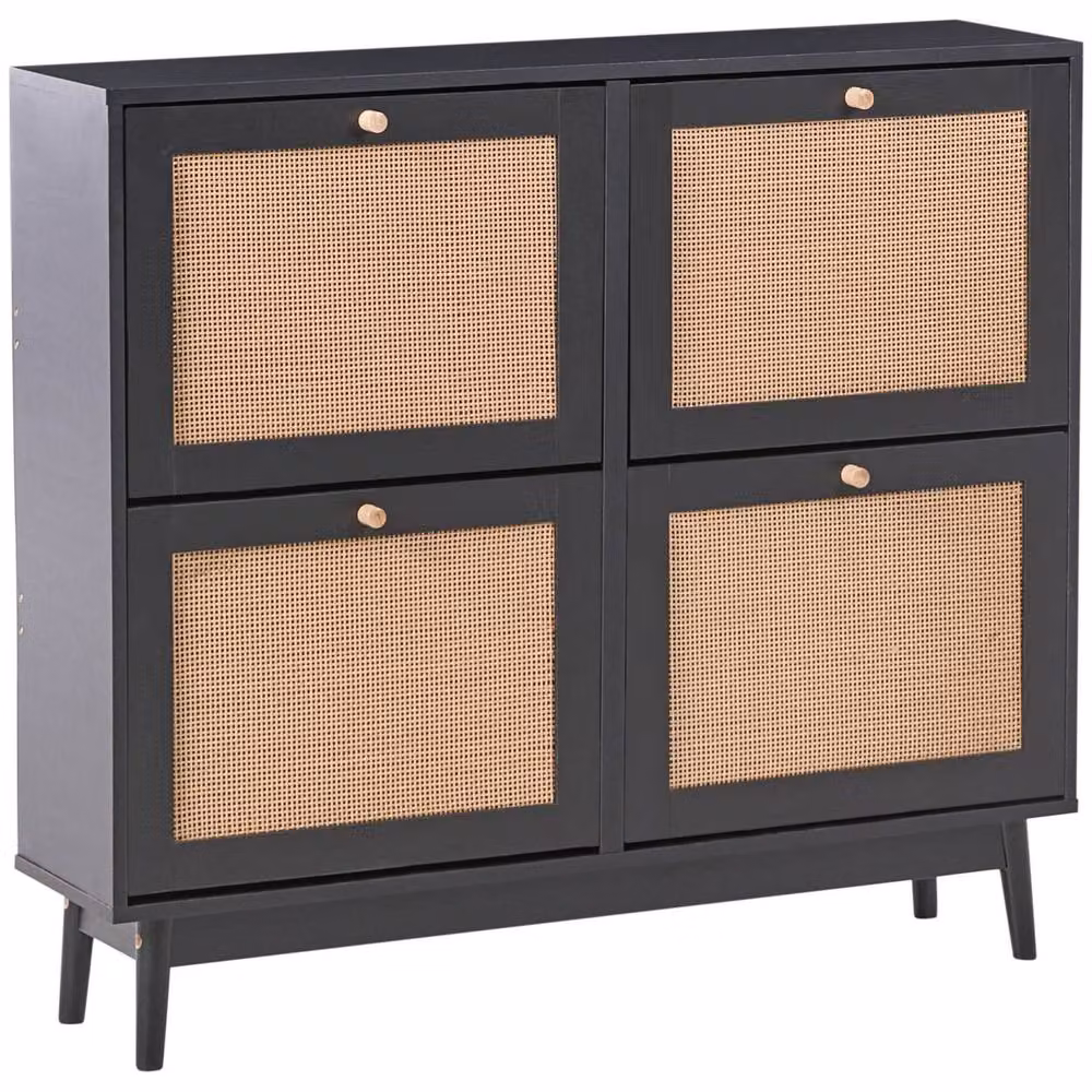 Wyld and Coco Boho Black Shoe Storage Cabinet with Rattan Wood Tilting Compartments – 2