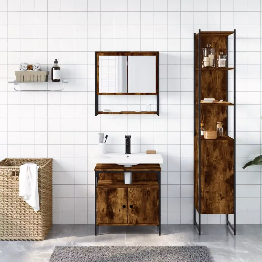 Berkfield Home 3 Piece Industrial Bathroom Furniture Set in Smoked Oak Brown – 2