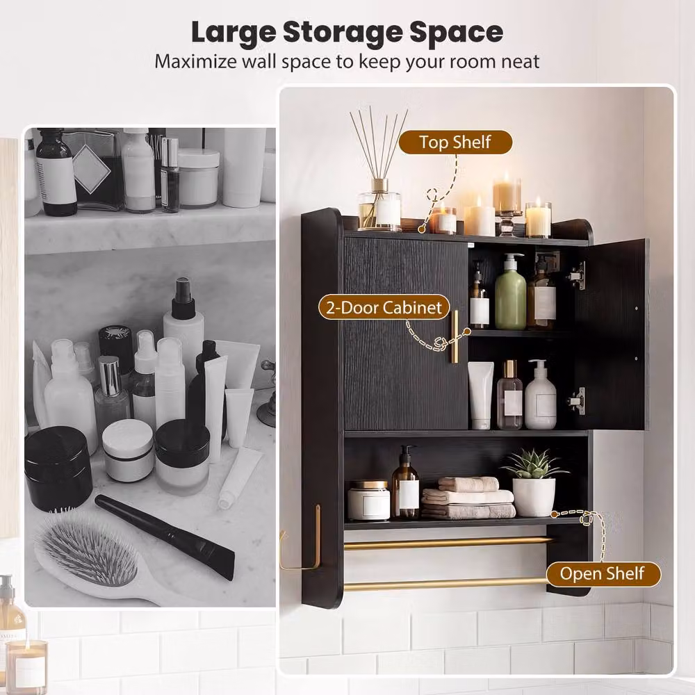 Costway Modern Wall Mounted Black Bathroom Medicine Cabinet with Mirror and Internal Shelves – 6