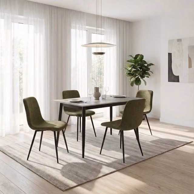 FWStyle 5 Piece Grey Marble Effect Ceramic Dining Table and Green Chairs Set – 1