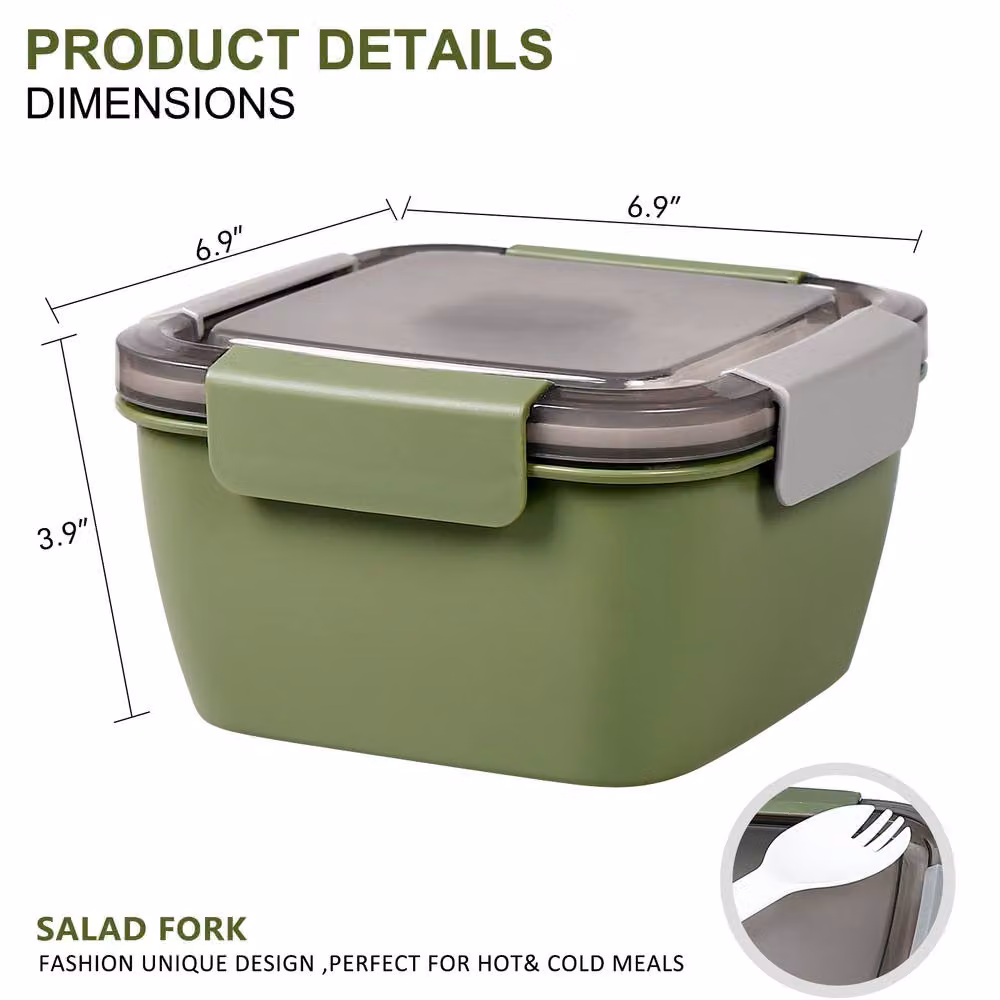 Greentainer Salad Container and Lunch Box with 3 Compartments and Spoon, Green, 52 oz – 3