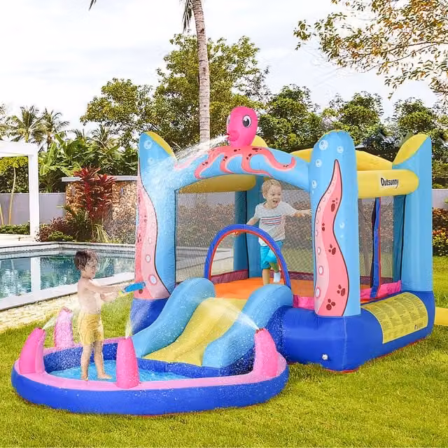 Outsunny Octopus Castle Inflatable Trampoline with Slide and Pool, Blue and Multicolour