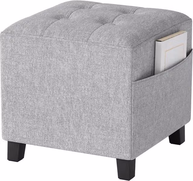 KORVIXA Light Grey Fabric Cube Ottoman with Rubberwood Legs, W/D/H: 100 x 100 x 100 cm