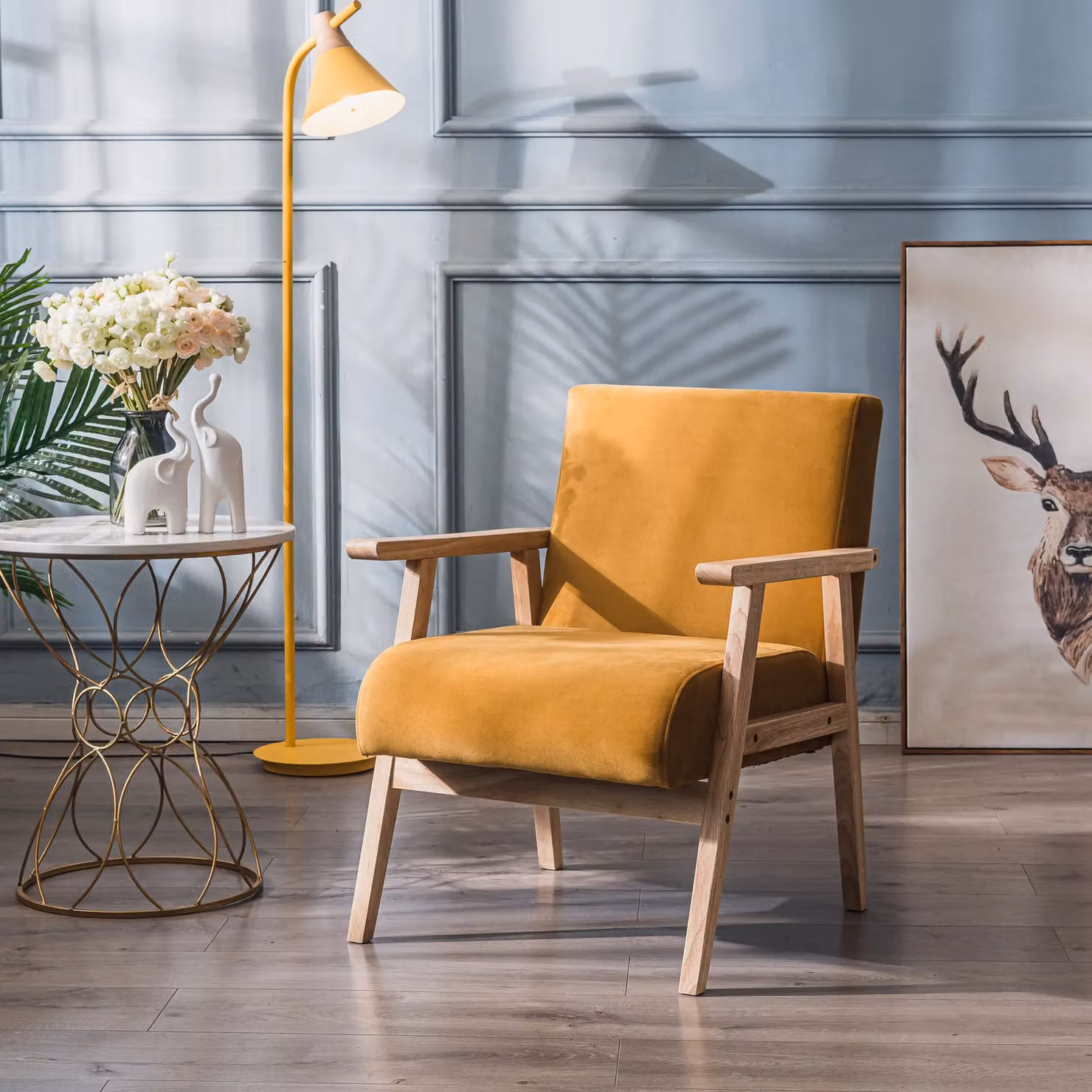 Nordlys Scandinavian Lounge Armchair with Yellow Velvet Fabric and Solid Wood Frame – 2