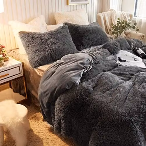 Ezysleep Grey Faux Fur Duvet Cover and Pillowcase Set, W: 220 cm, H: 230 cm