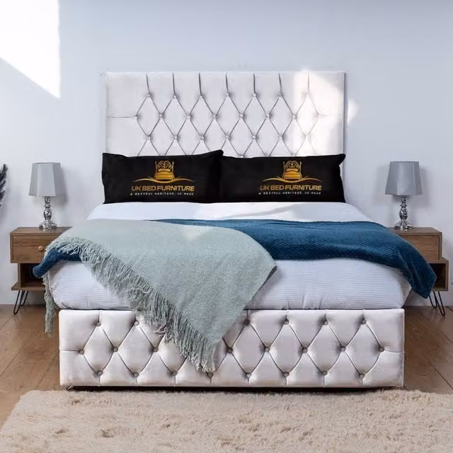 UK Bed Furniture Monaco Divan Bed Base with 26 Inch Headboard in White, Double, W/D/H: 140 x 200 cm