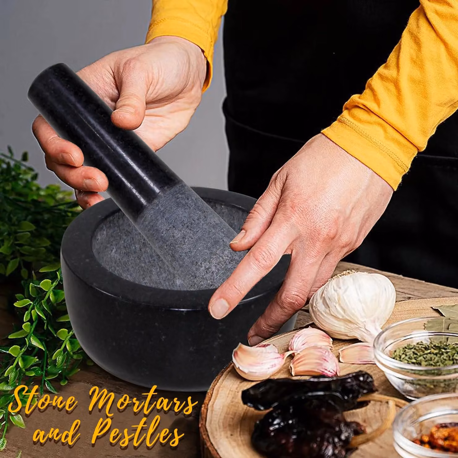 Simpa Black Granite Marble Mortar and Pestle Set in Dark Grey, Diameter: 16 cm – 6