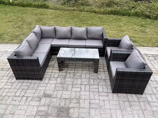 Fimous 8 Seater Rattan Corner Sofa Set with Rectangular Coffee Table and 2 Armchairs in Dark Grey