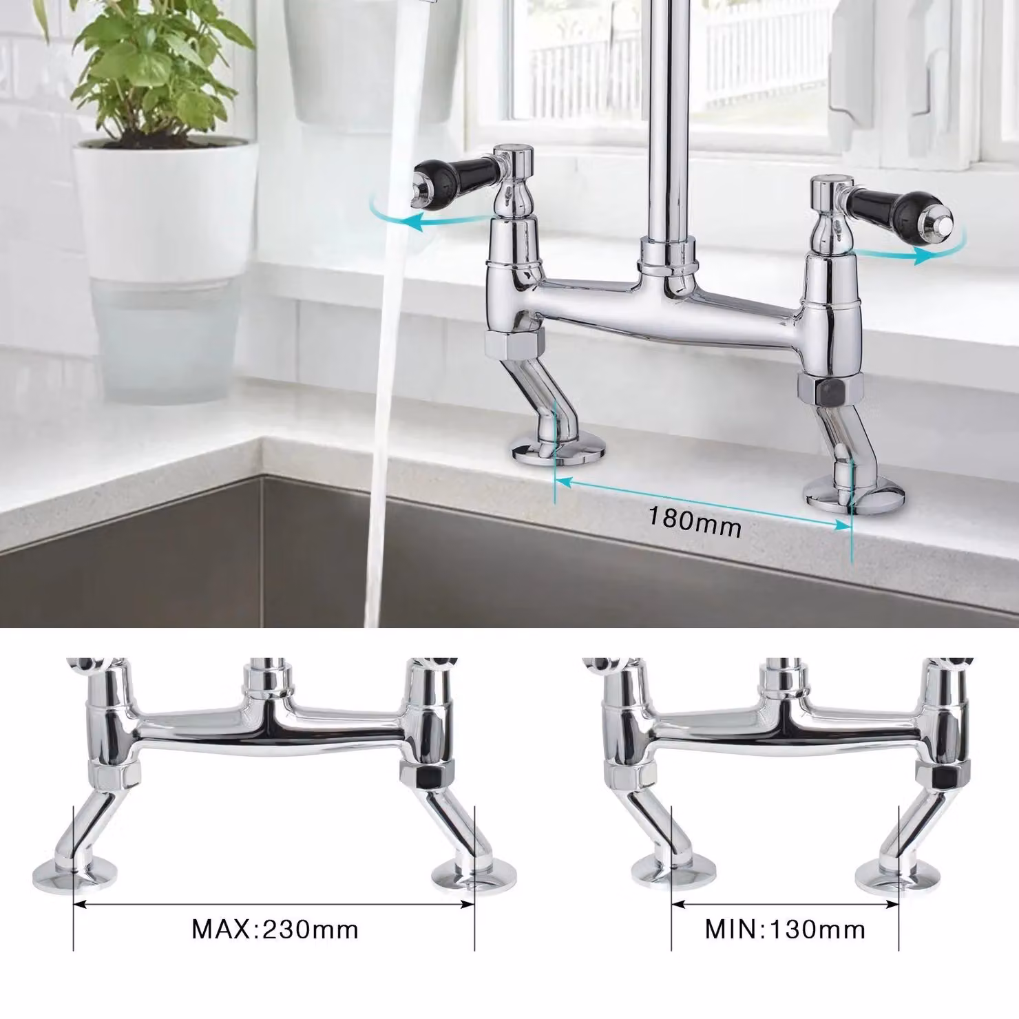 JASSFERRY Two-Handle Bridge Kitchen Mixer Tap with Black Ceramic Handles in Chrome and Silver – 2