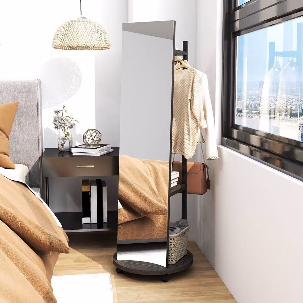 Costway Coat Rack with Full Length Mirror, Black Post Tree with 3 Hooks and Storage Shelves – 3