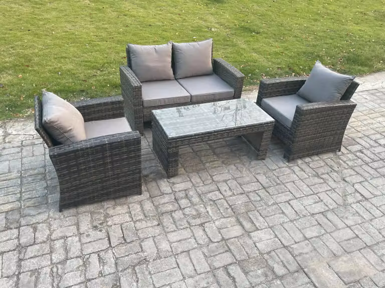 Fimous 4 Seater Rattan Garden Furniture Set with Coffee Table and Upholstered Cushions in Dark Grey