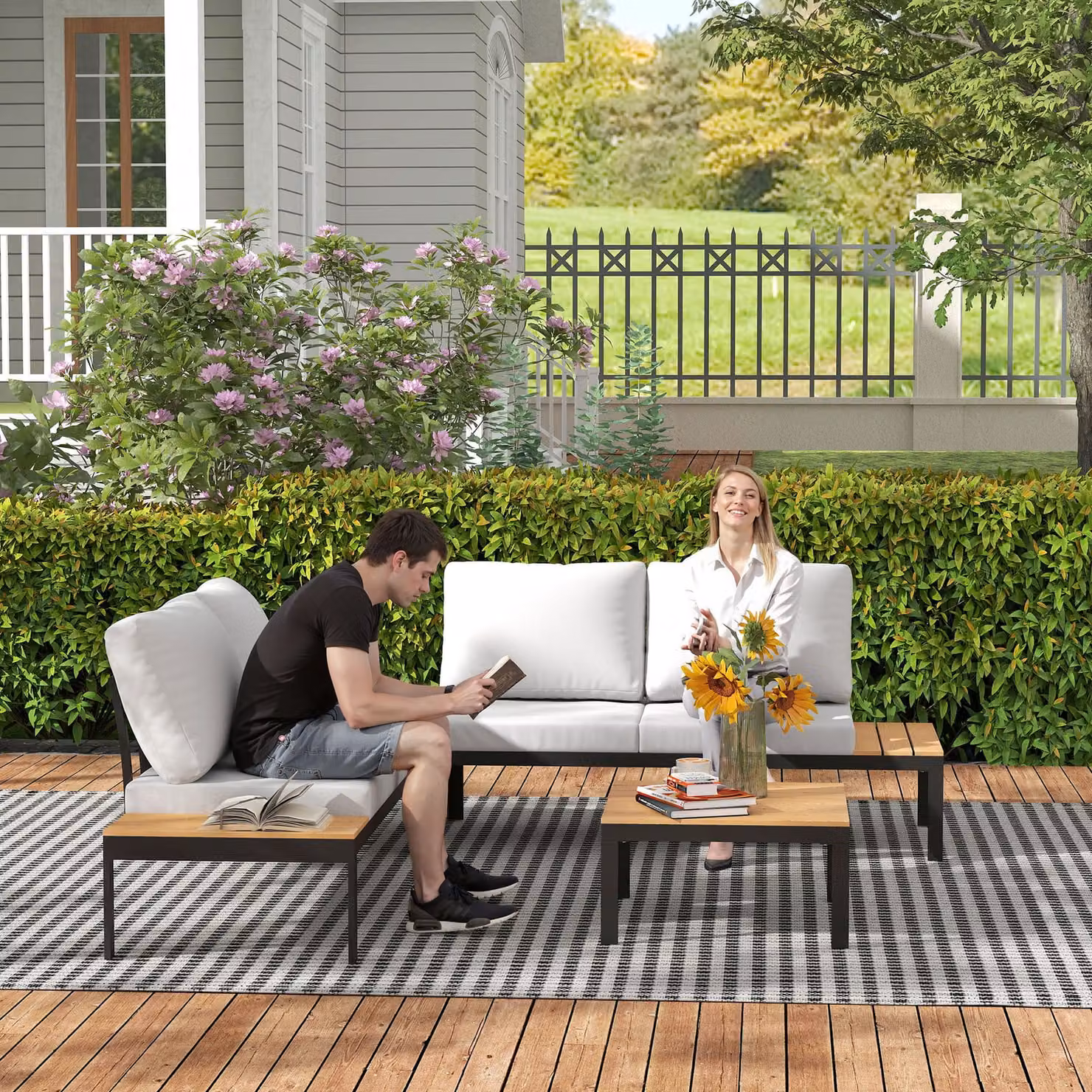 Outsunny Four-Piece L-Shape Garden Corner Sofa Set with 2 Loveseats and 2 Coffee Tables in Grey – 8