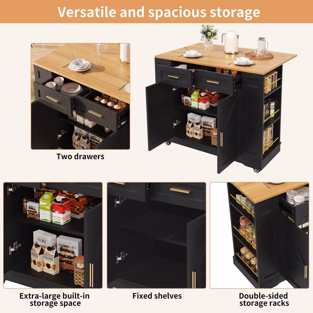 Matteo Black Kitchen Island Cart with Foldable Worktop and 2 Drawers – 5