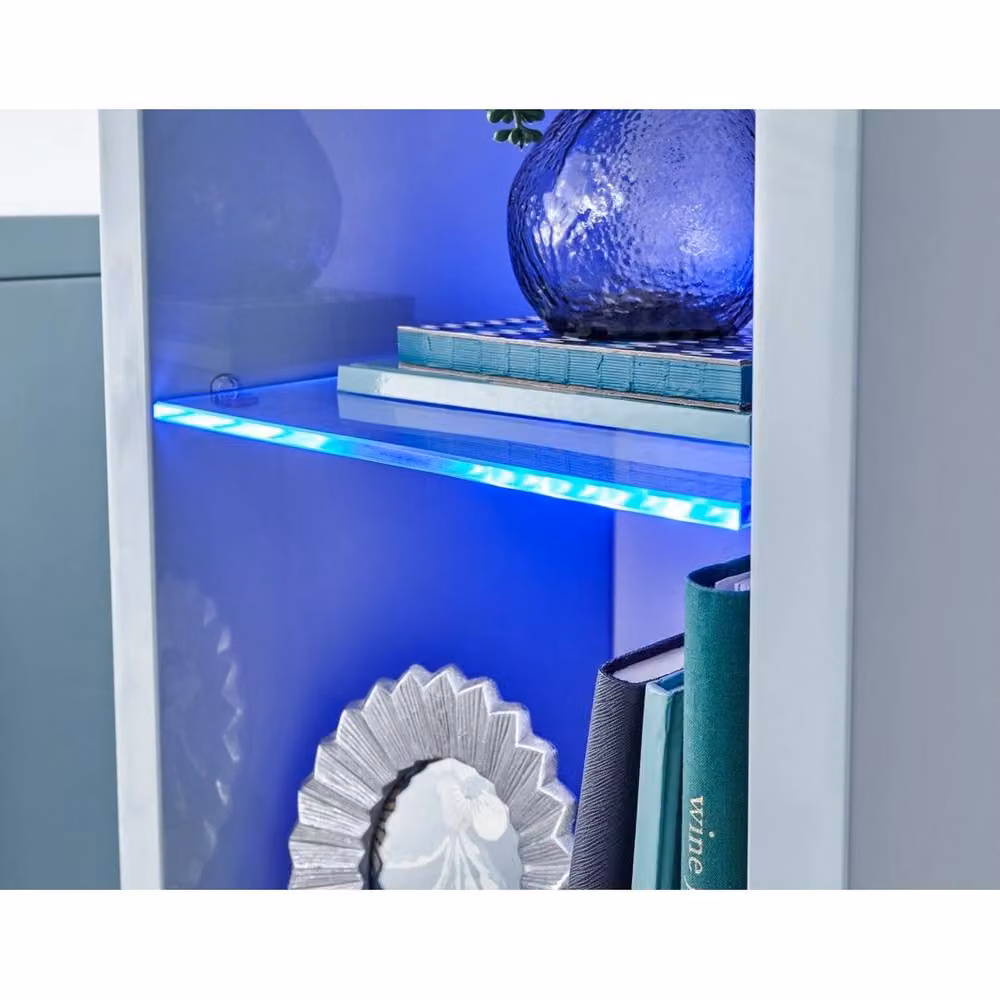 FORGEVIO Grey High Gloss Wall Mounted LED Display Unit with Blue Integrated Lighting and Glass Doors – 2