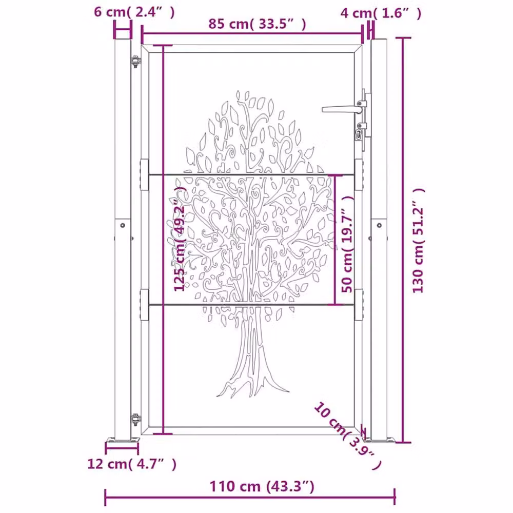 Berkfield Home Corten Steel Garden Gate with Tree Design in Brown, W: 105 cm, H: 130 cm – 5