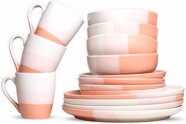 Royalford 16 Piece Stoneware Dinnerware Set in Pink and White, Microwave and Dishwasher Safe