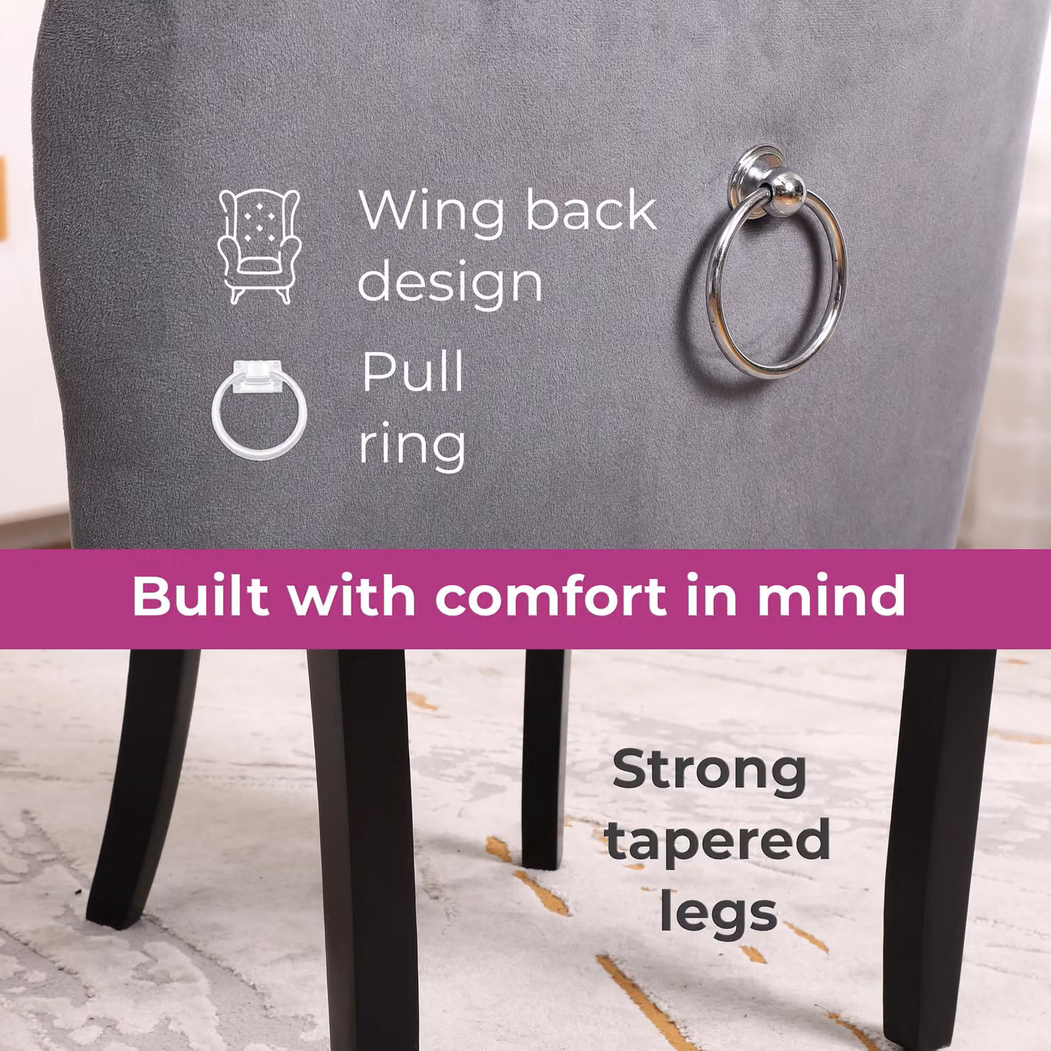 Neo Set of Four Studded Velvet Dining Chairs with Ring Knocker Detail in Dark Grey – 4
