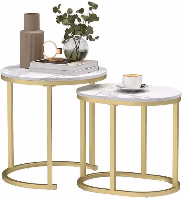 Kelvenix Modern Round Nest of 2 Coffee Tables in White with Metal Sled Base