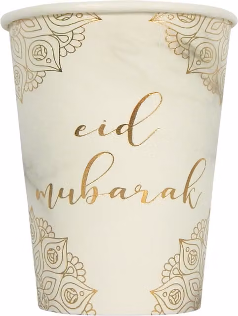 Peacock Supplies Eid Mubarak Paper Cups in White and Gold Marble