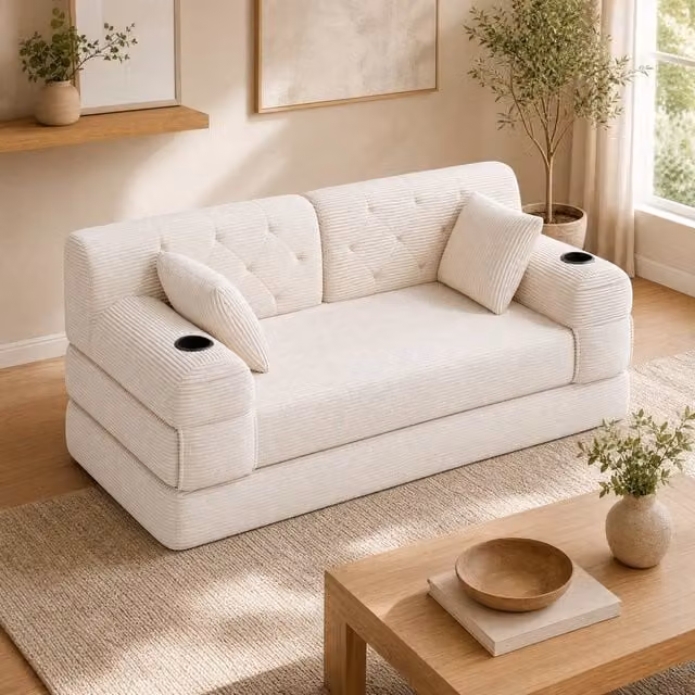 STILVORA 2-Seater Modern Sleeper Sofa in Beige with Cup Holders and Metal Frame – 1