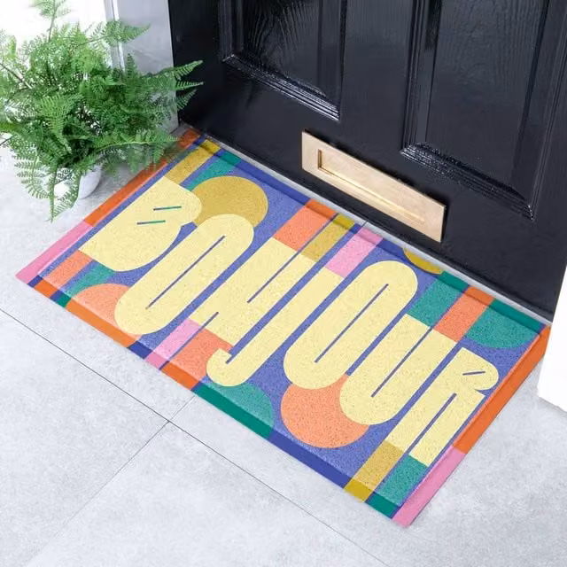 Artsy Mats Elizabeth Olwen Bonjour Indoor/Outdoor Doormat, Yellow and Multicolour, W/D/H: 70 x 40 cm – 1
