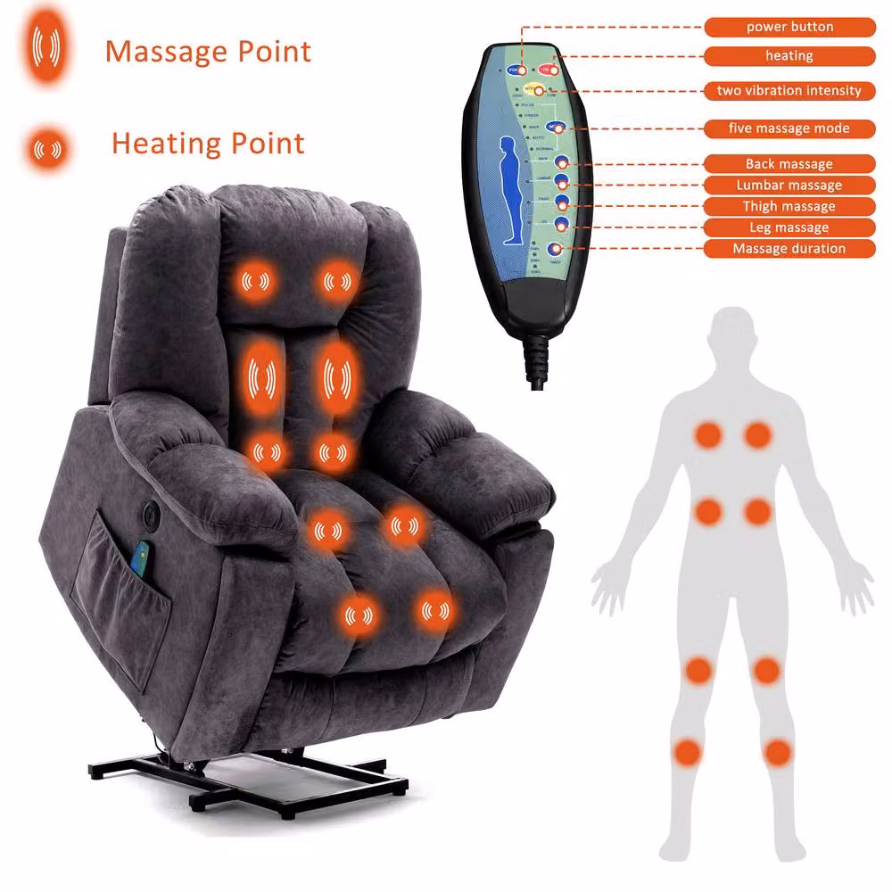 Merax Power Lift Recliner Chair with 8-Point Vibration Massage, Heat and USB in Grey Velvet Fabric – 2