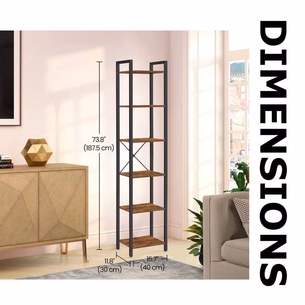 Pirlo Plush Industrial 6 Tier Tall Narrow Bookcase in Rustic Brown, W/D/H: 30 x 30 x 187.5 cm – 4