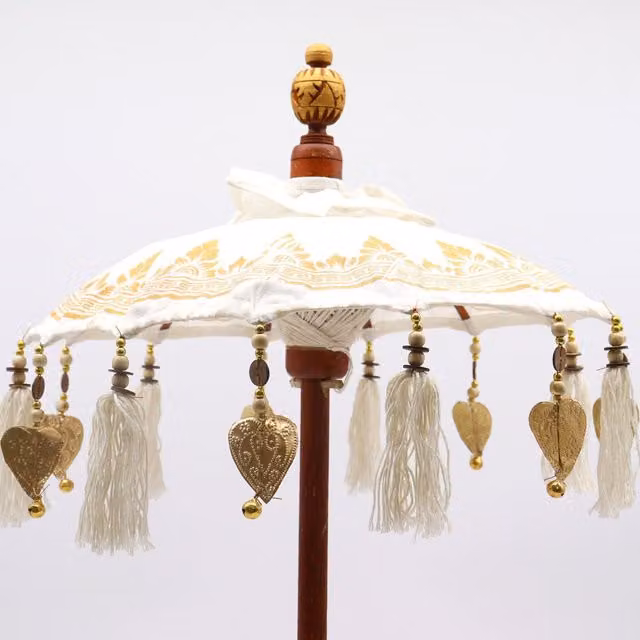 Bali Home Decor Handcrafted Canvas Parasol with Gold Accent, White