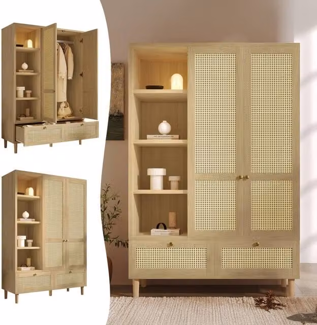 Merax Oak Rattan Effect Wardrobe with Soft-Close Hinged Doors, Open Shelves, Hanging Rail and Drawers in Natural Brown and Beige