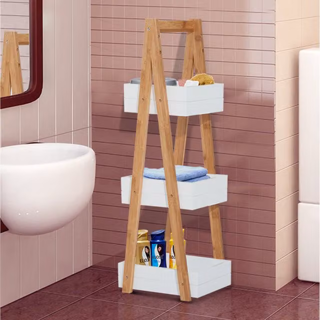 HOMCOM 3 Tier A-Frame Freestanding Ladder Bathroom Shower Caddy in White and Bamboo