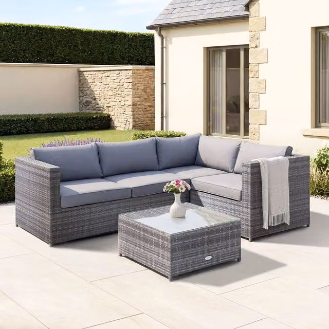 Charles Bentley Modern Rattan L-Shaped Corner Sofa and Coffee Table Set with Cushions, Grey, W/D/H: 146 x 73 x 64 cm – 1