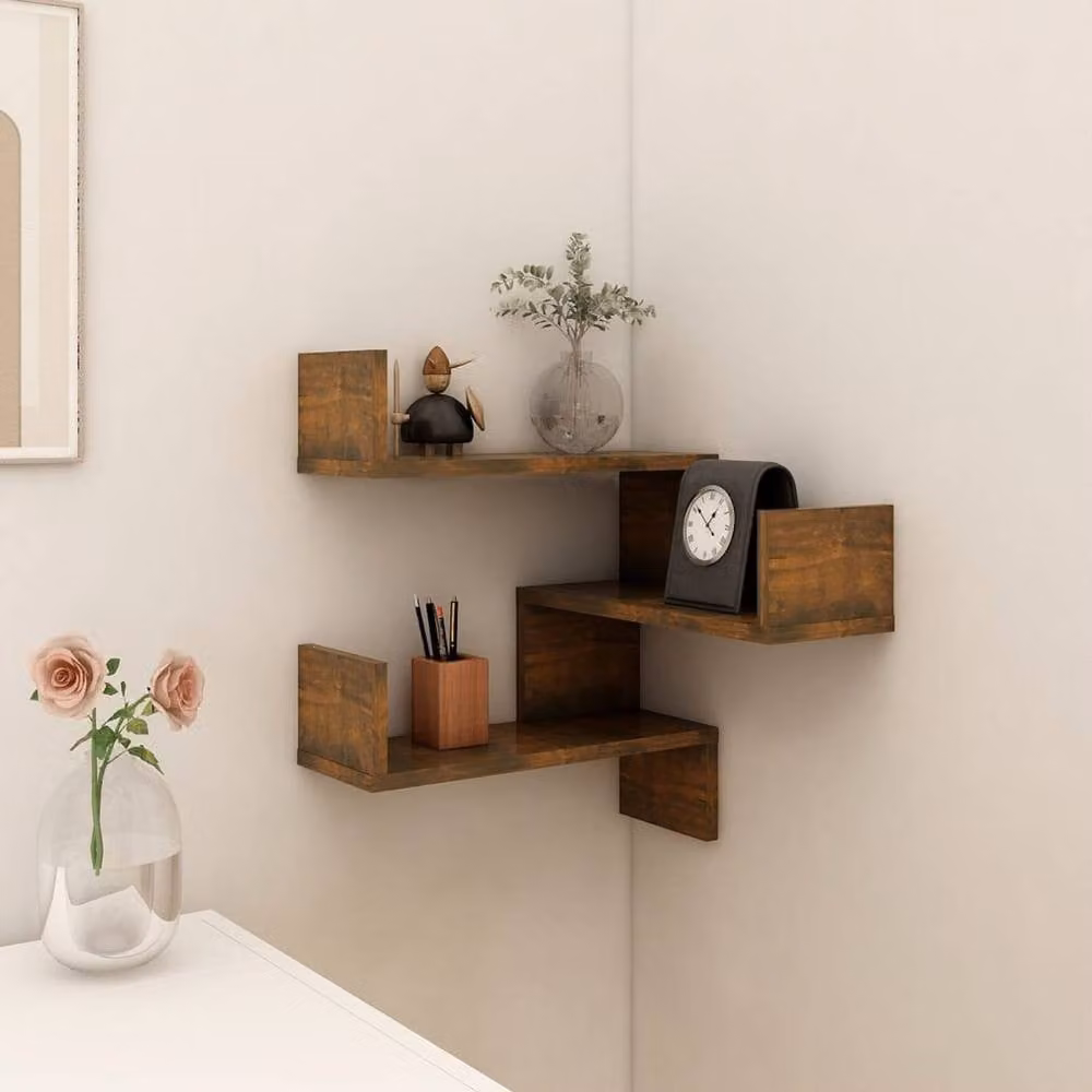 Berkfield Home Wall Mounted Corner Shelf in Smoked Oak Brown, W/D/H: 40 x 40 x 50 cm – 1