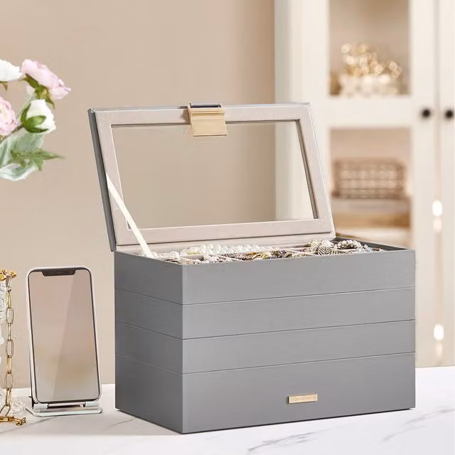 SONGMICS 4-Tier Stackable Jewellery Box with Lid, Grey and Transparent