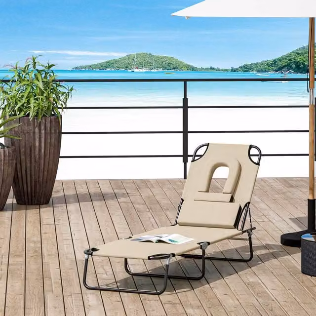 Outsunny Folding Sun Lounger with Adjustable Headrest and Pillow in Beige