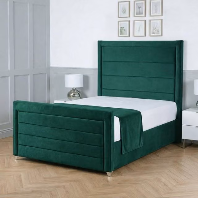 Living Comfort Bedz Selena Plush Velvet Upholstered Super King Bed with Slatted Base and 48 Inch Headboard in Green, W/D/H: 200 x 200 cm