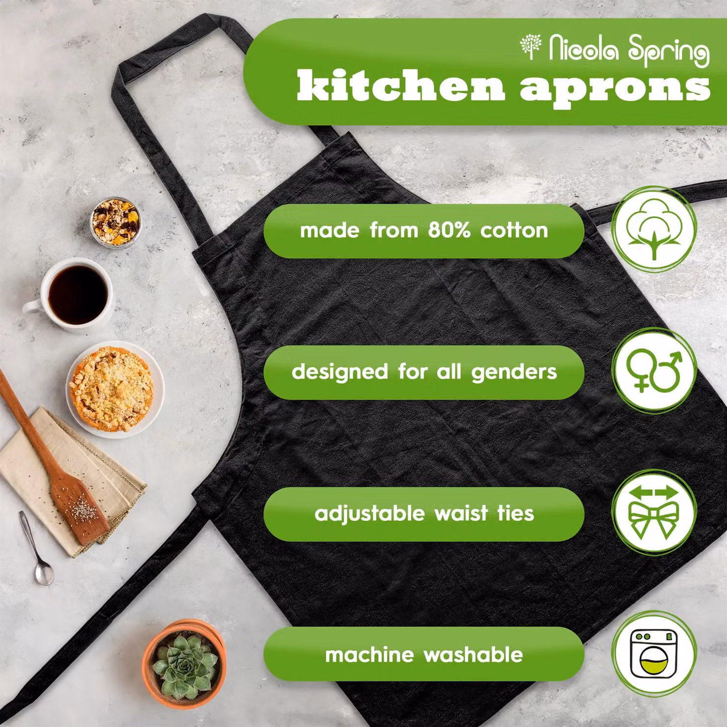 Nicola Spring Cotton Unisex Bib Aprons, Pack of 2, Black – 2