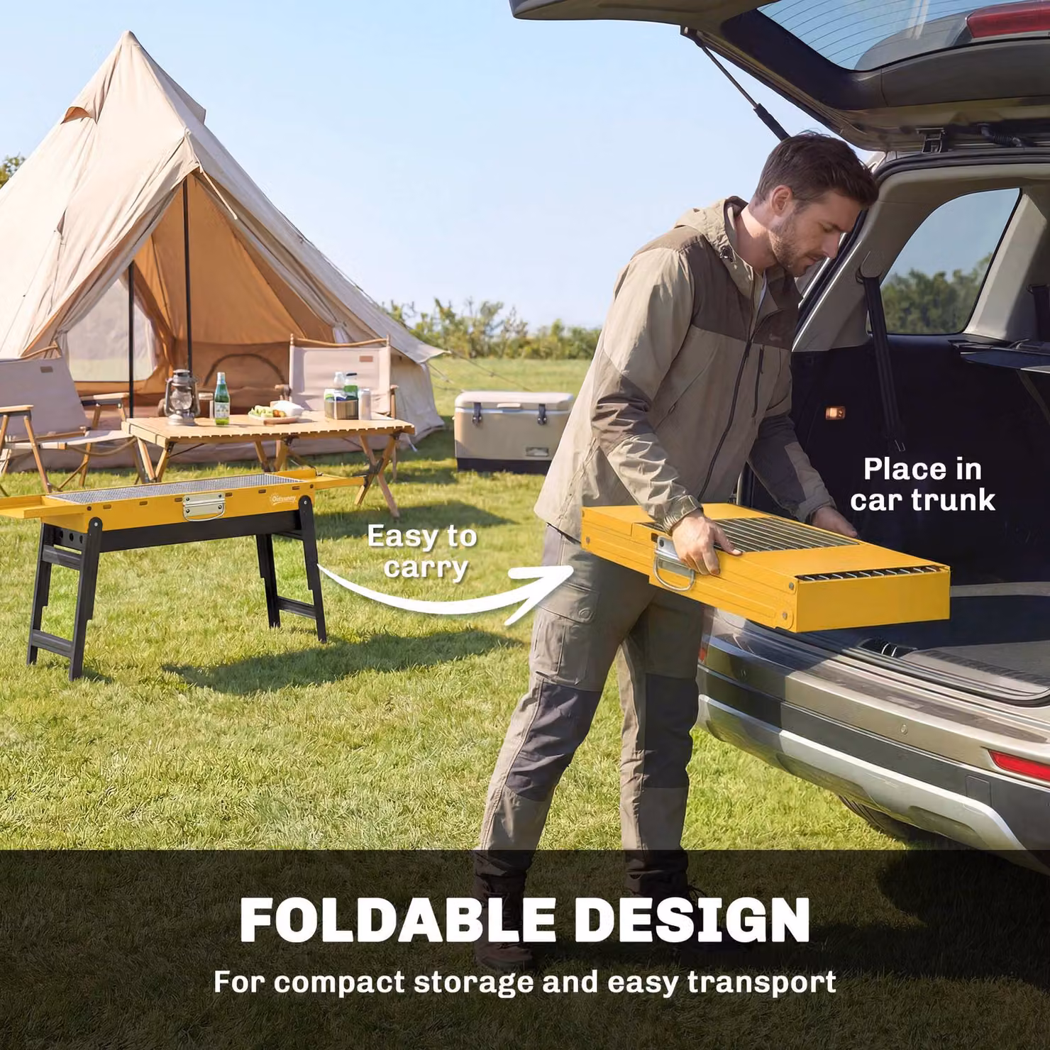 Outsunny Portable Charcoal BBQ Grill in Yellow with 2 Side Shelves and Handle – 4