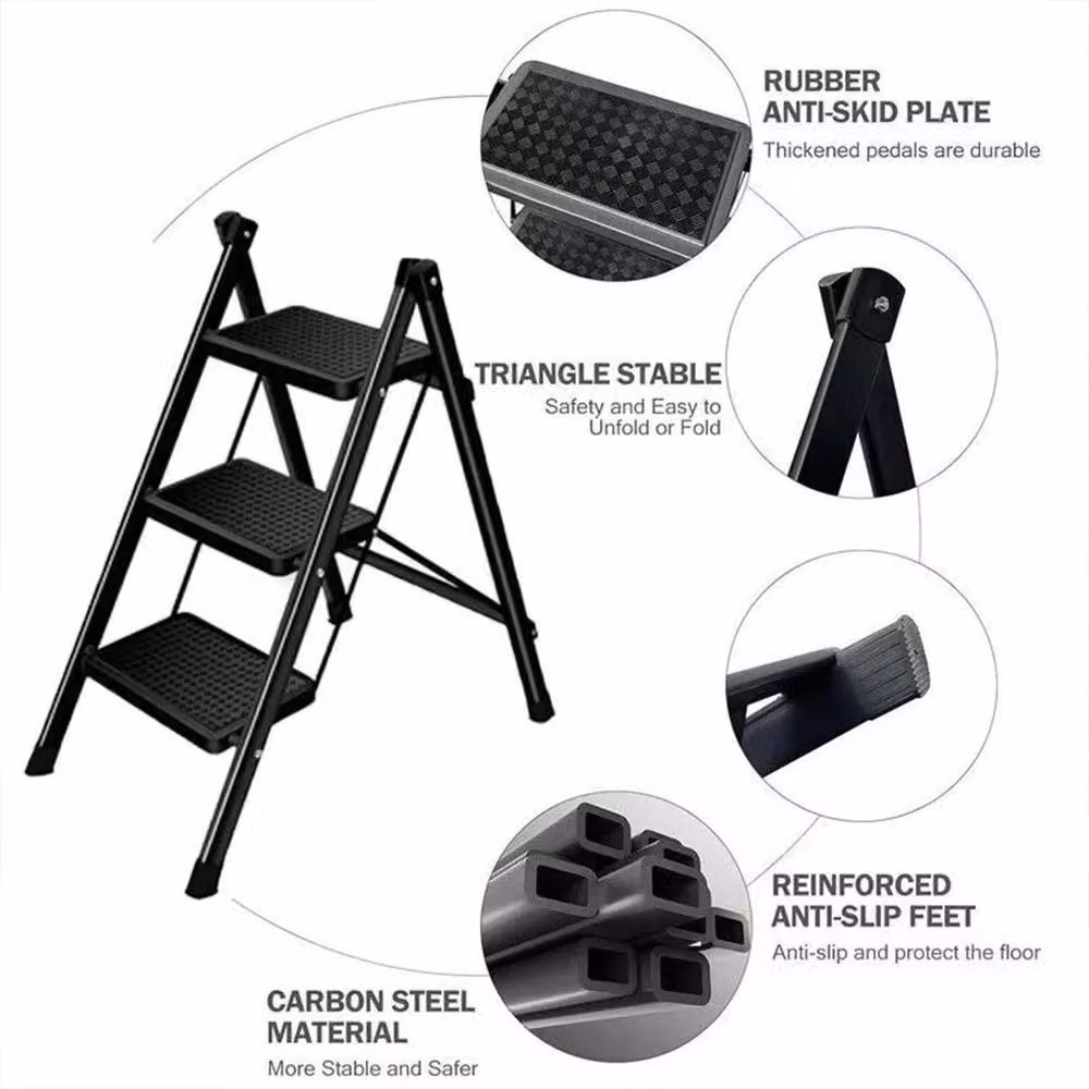 FLAVORA Black 3 Step Steel Folding Ladder with Rubber Feet – 3