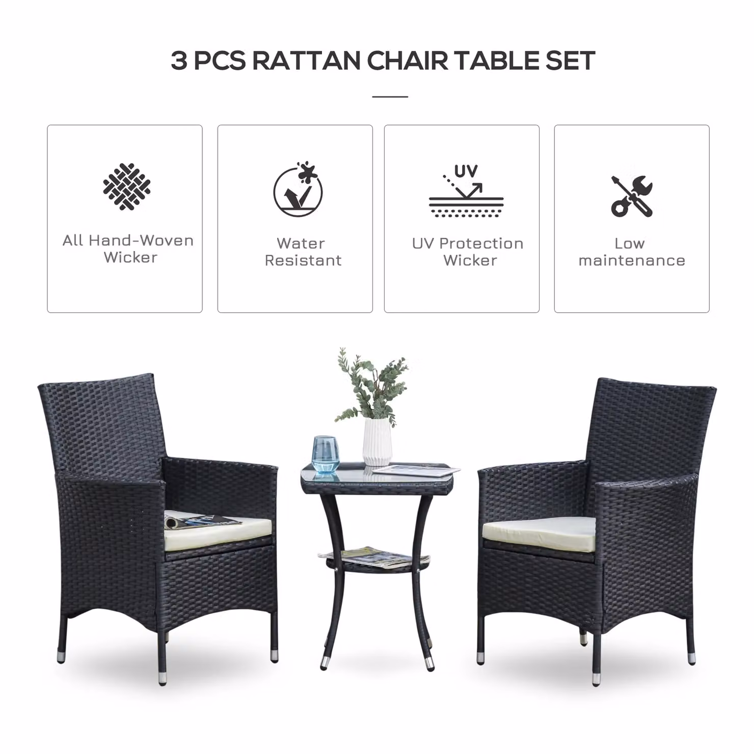 OUTSUNNY 3-Piece Rattan Bistro Set with Table and Chairs in Black – 4