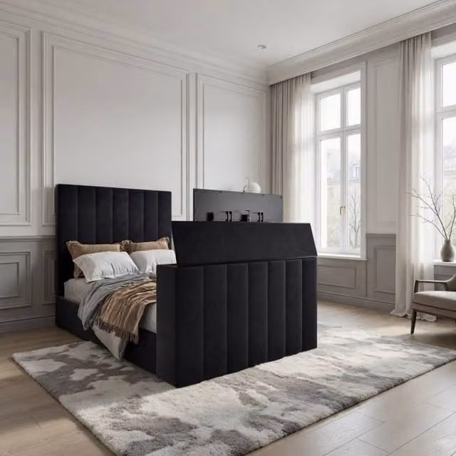 KDMD Ardingly Bespoke Super King Upholstered Velvet TV Bed Frame in Black – 1