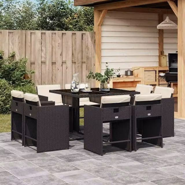 Berkfield Home Garden 8-Seater Extendable Dining Set in Black and White Polyrattan with Glass Top