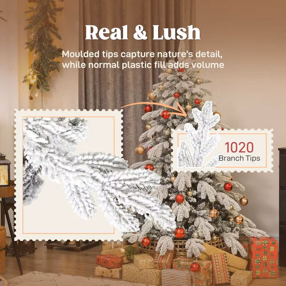 HOMCOM Multicolour Flocked Realistic Hinged Christmas Tree, Height: 183 cm – 5