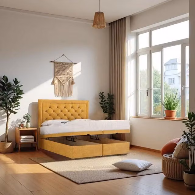 Knight Sleep Athens Small Double Ottoman Bed with Hybrid Mattress and 24 inch Headboard in Mustard Yellow Fabric